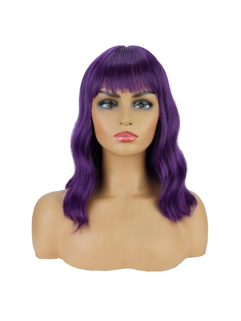 Women's Dark Purple 14 Inch Heat Resistant Short Bangs Bob Modern Wavy Wigs